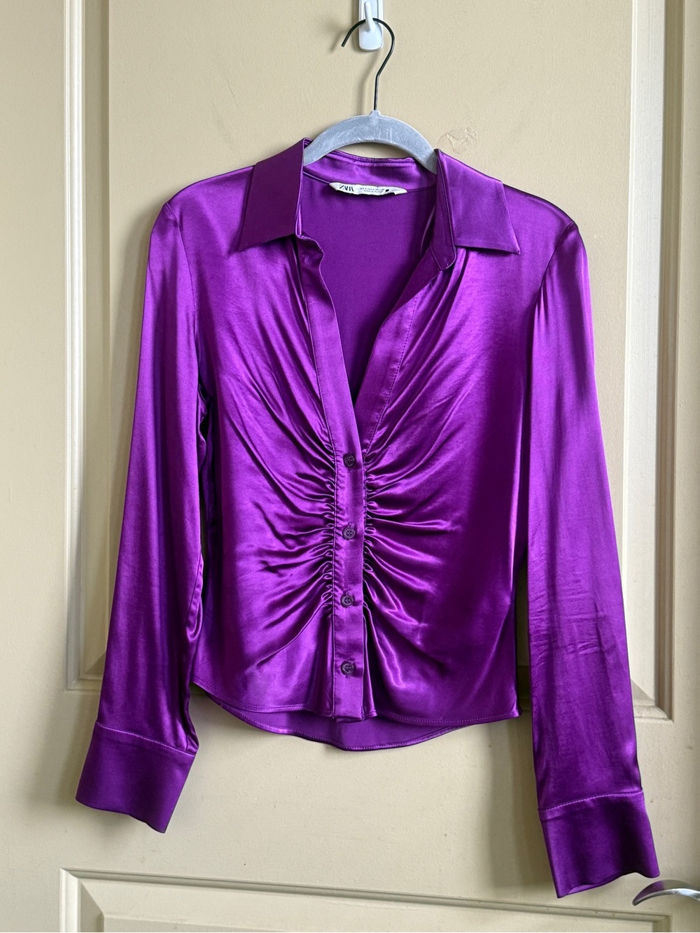 Zara Purple Satin Ruched Button-Front Blouse